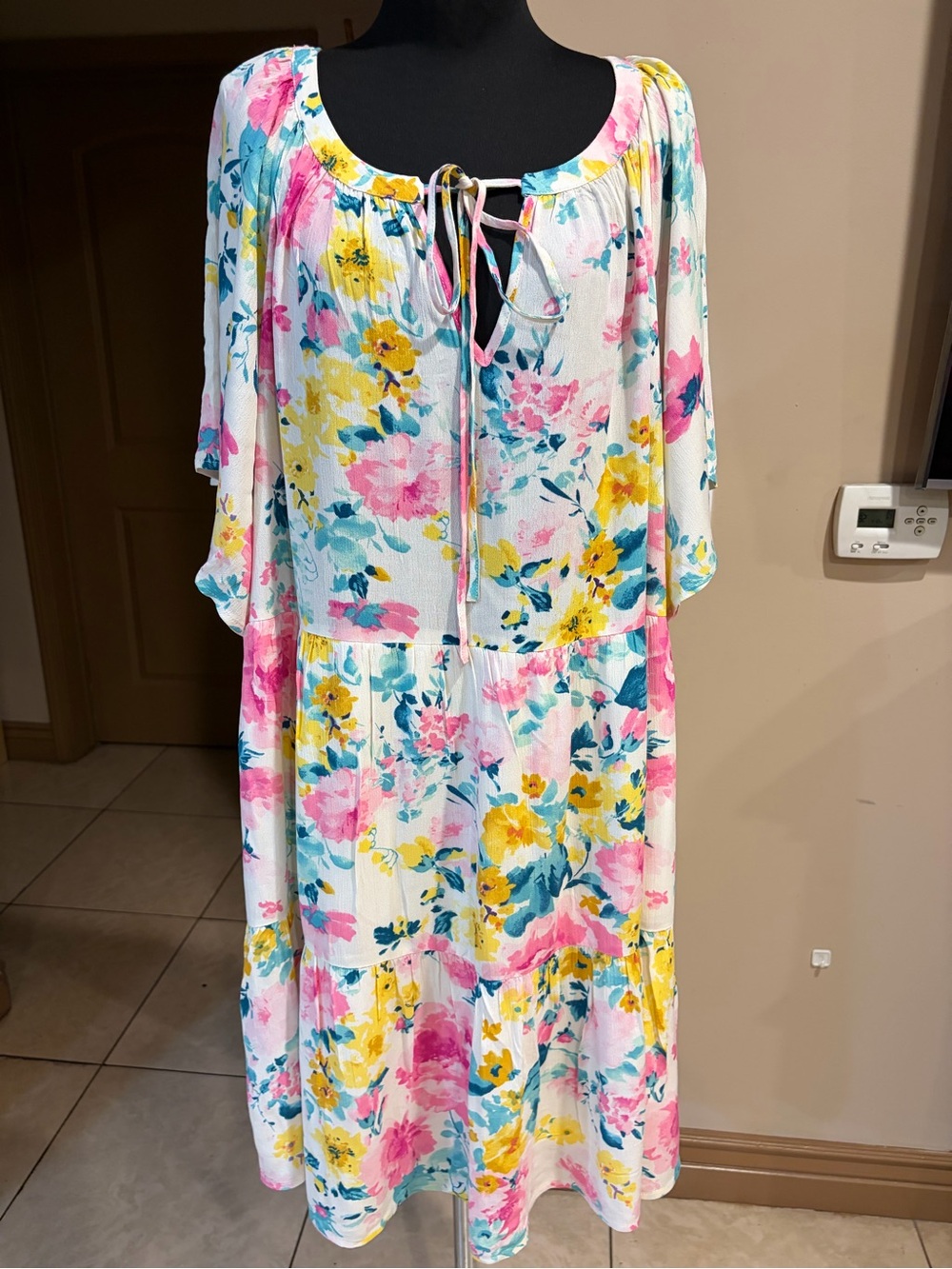 Floral Tie-Front Midi Dress in White with Pink & Yellow Blooms
